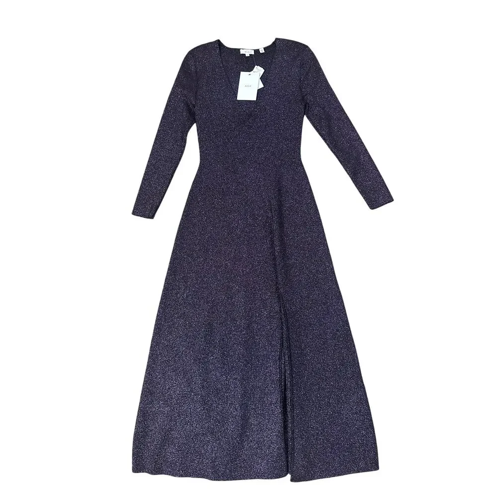 A.L.C. Midi Dress Knit Long Sleeve V-Neck Purple Metallic New - Picture 4 of 5
